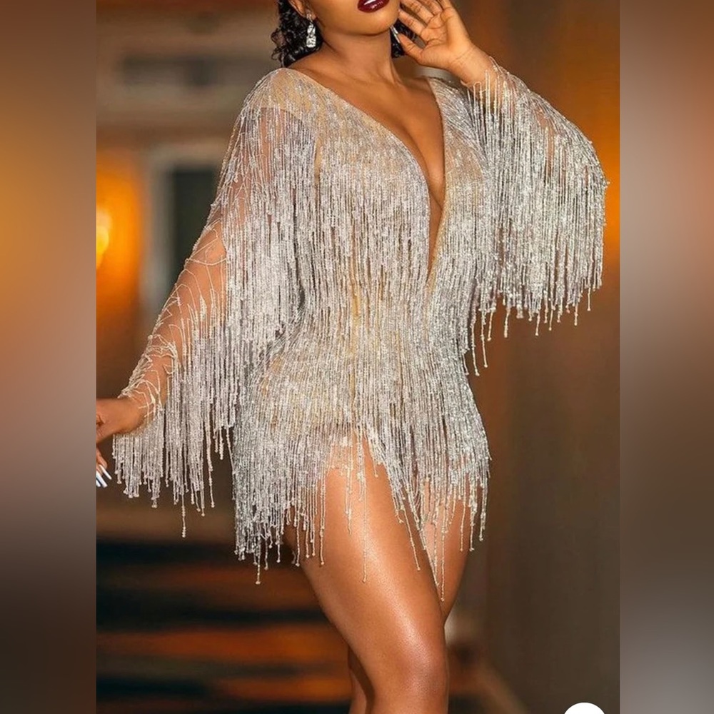 Xpluswear, Silver Fringe Bodysuit Mini Dress. Sliver/Sheer/Nude